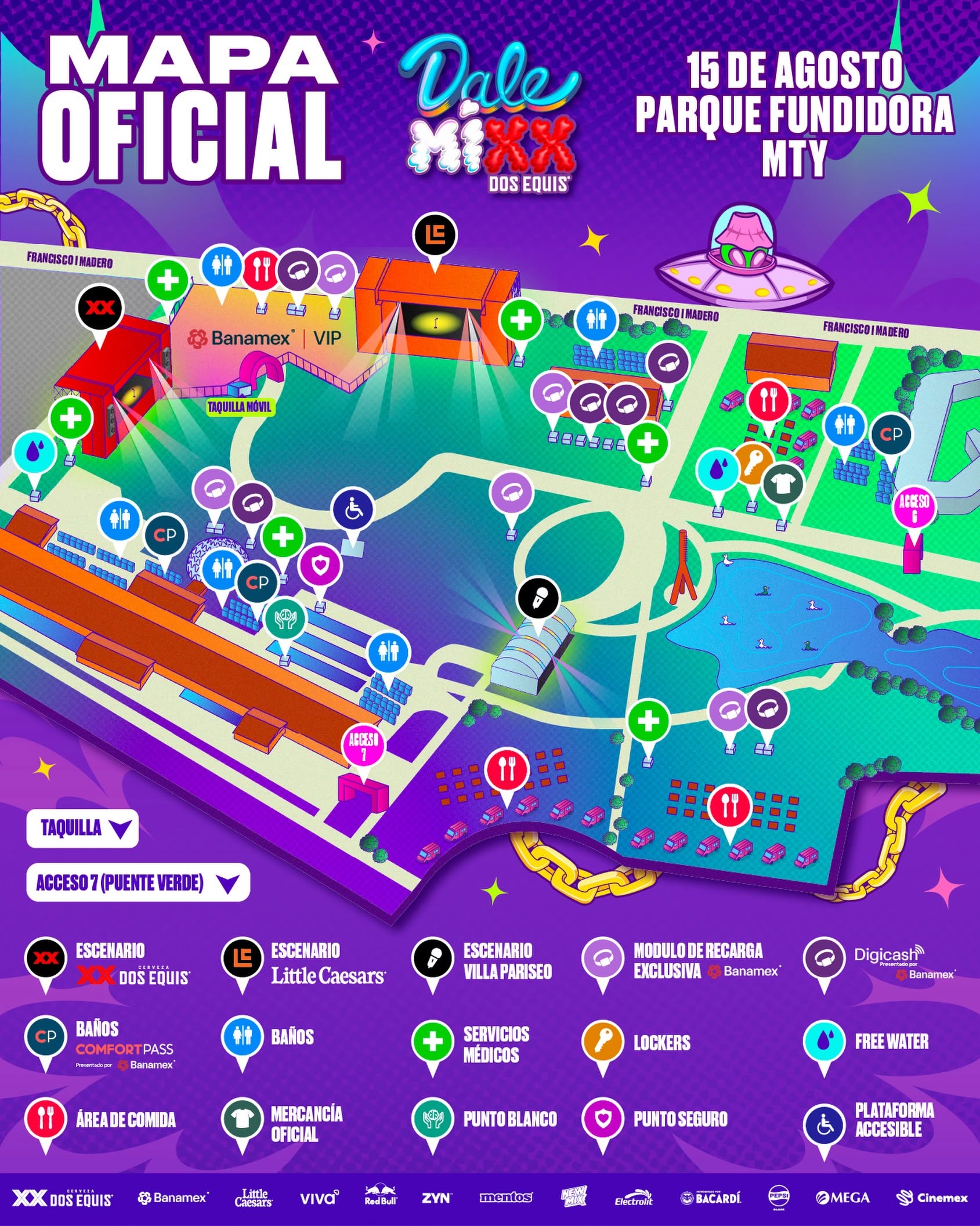 Official Dale Mixx map of Parque Fundidora with entrances, stages, and services marked.
